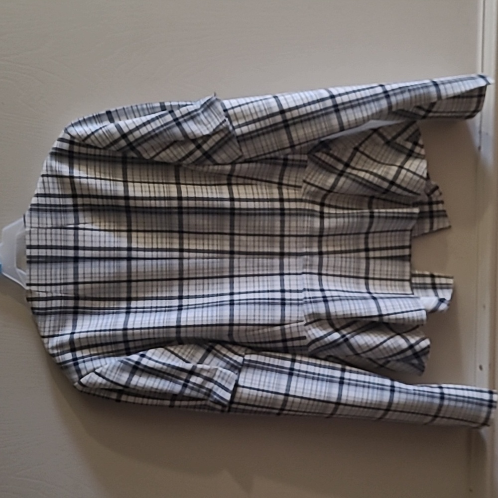 LEWIT WHITE & BLUE CHECK PLAID VIRGIN WOOL RAW EDGE PEPLUM JACKET Sz S - Picture 5 of 8